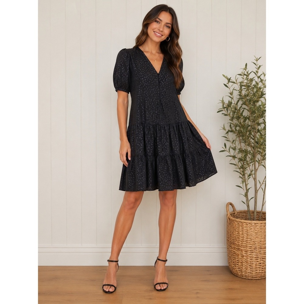 Anthropologie Black Jacquard Tiered Mini Dress Small Leopard Satin Puff Sleeve